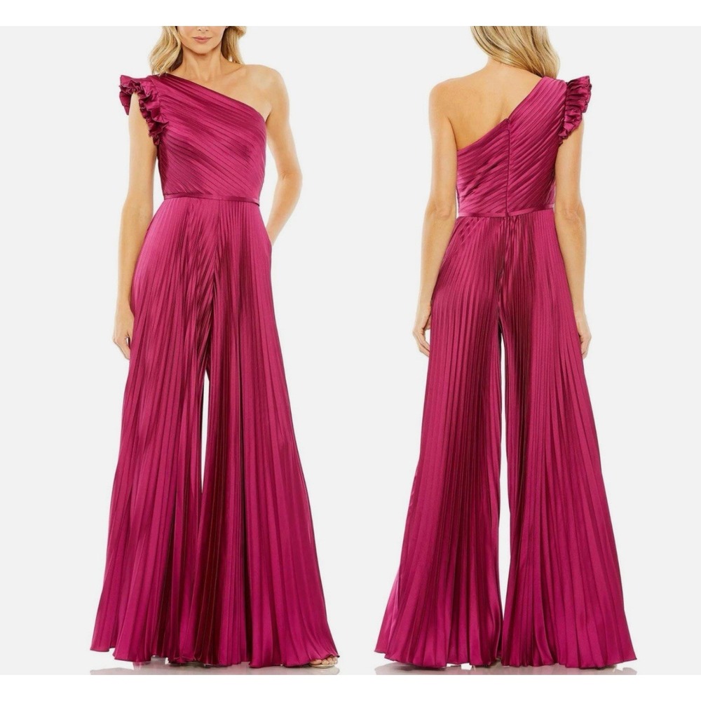Mac Duggal One-Shoulder Pleated Fuchsia Jumpsuit